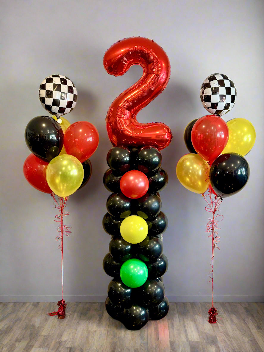 Racing Balloon Set with stoplight column and helium bouquets