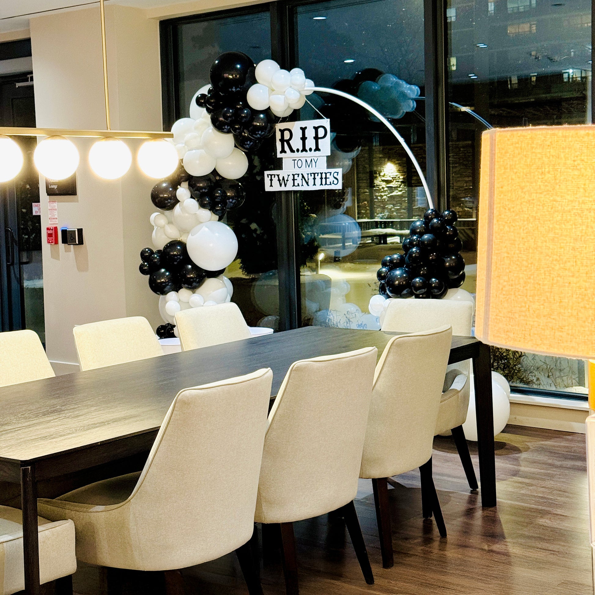 RIP to My Twenties balloon backdrop setup for 30th birthday party in Toronto condo