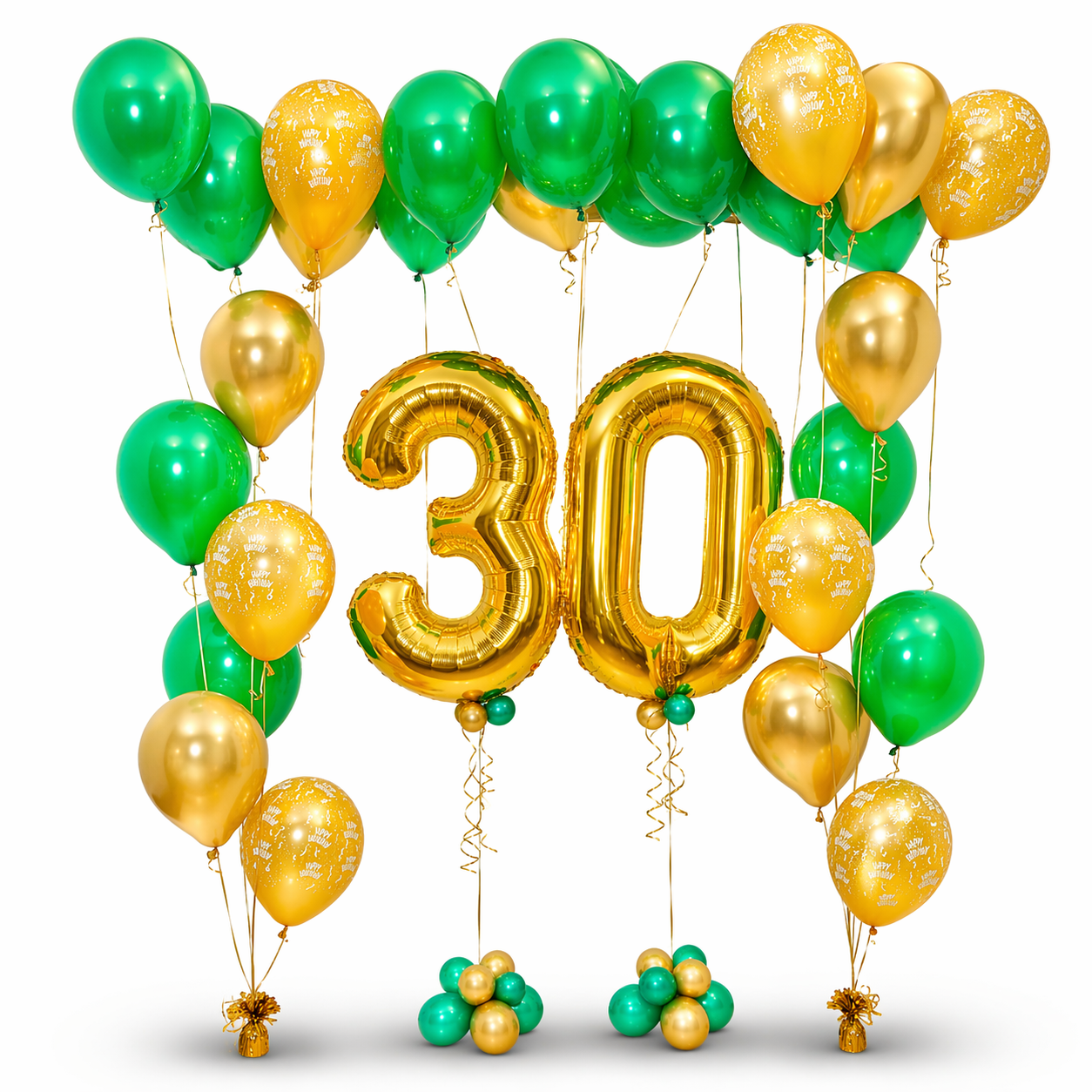 30th birthday balloons Toronto featuring green and gold birthday balloon decor with jumbo number balloons and helium bouquets by Wooow Balloons.