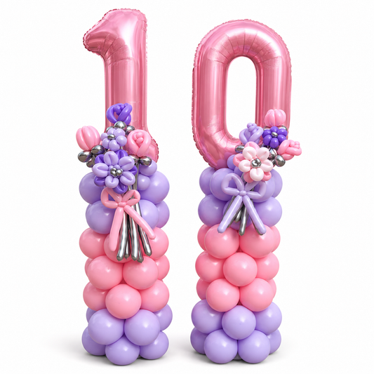 Two balloon number 10 party decorations on a white background, featuring metallic pink number balloons on top of stacked pink and lavender balloons with floral accents.