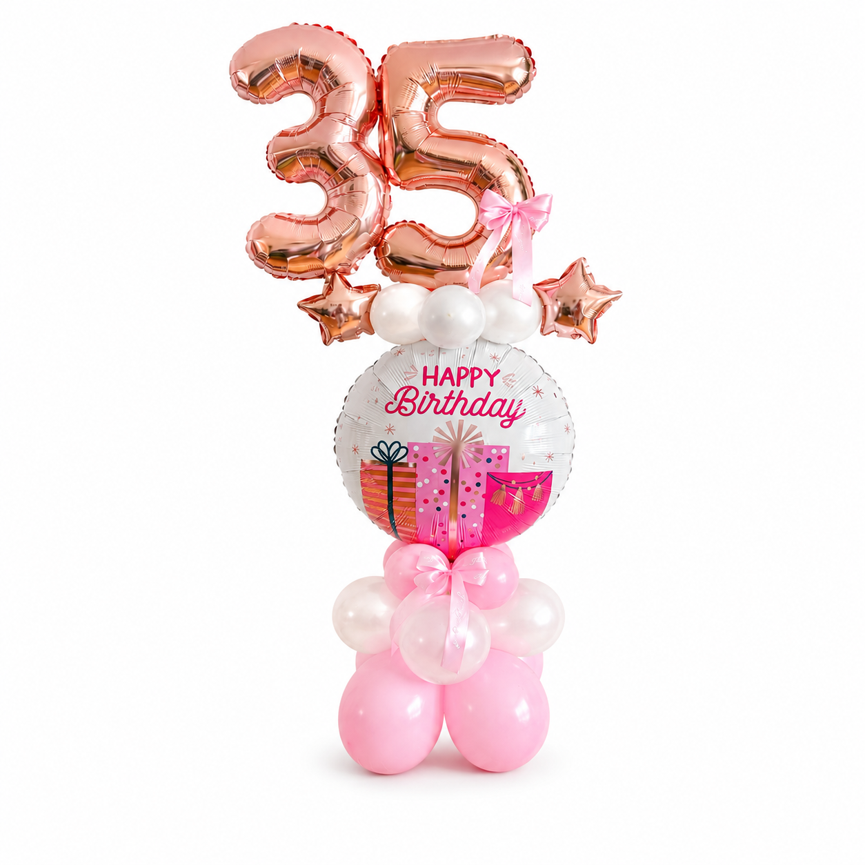 Balloon arrangement with number 35 and 'Happy Birthday' message on a white background
