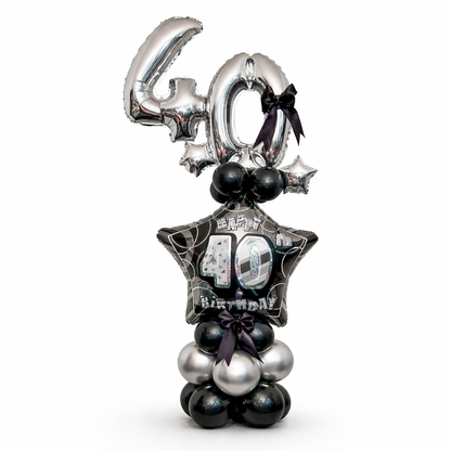 Luxury 40th birthday balloon bouquet in black and silver with foil number balloons and star balloon, elegant birthday balloon arrangement for delivery in Toronto and GTA