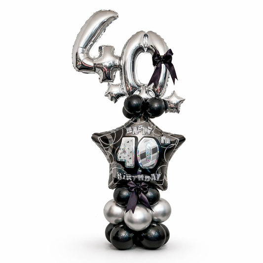 Luxury 40th birthday balloon bouquet in black and silver with foil number balloons and star balloon, elegant birthday balloon arrangement for delivery in Toronto and GTA