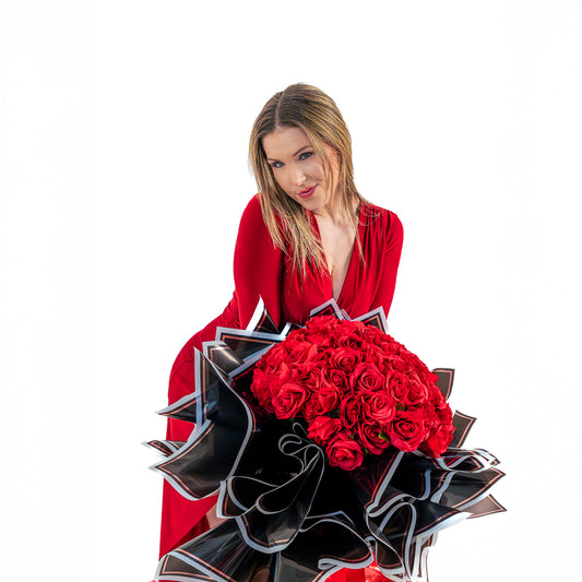 Fresh 50 red roses bouquet Toronto arranged in a full dome shape