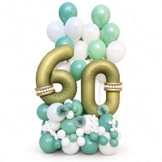 60th birthday balloon display with gold 60 number balloons, a mint and white balloon base, and matching helium balloons in Toronto