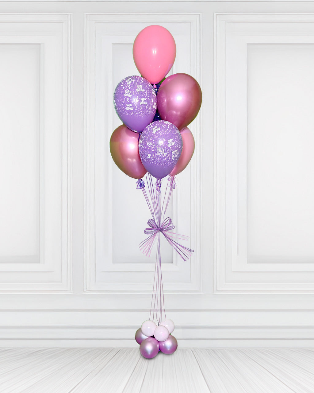 7 Balloon Bouquet Toronto – elegant pink and purple helium balloon bouquet with metallic finish and ribbon base by Wooow Balloons