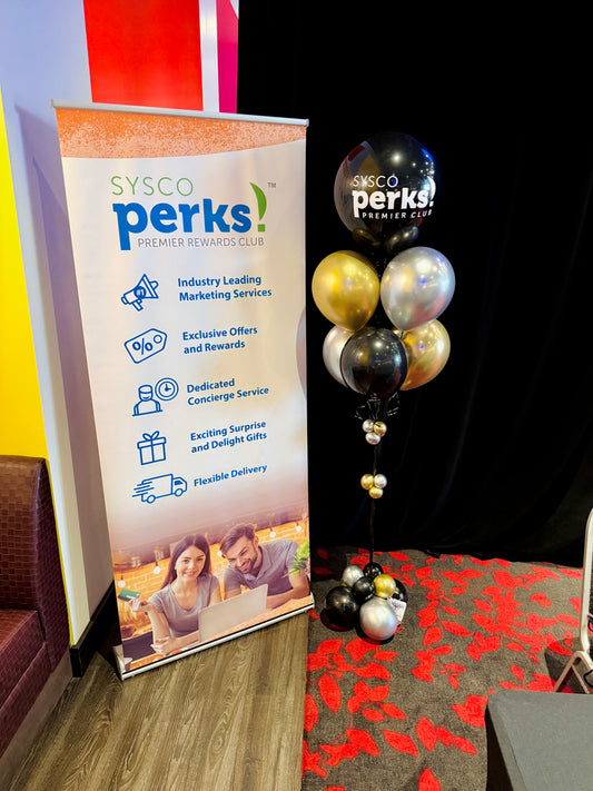 SYSCO Perks promotional banner with balloons on a carpeted floor.