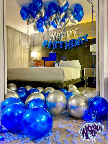 Blue & Silver Happy Birthday Balloon Decor with helium balloons, banner, and number stands.