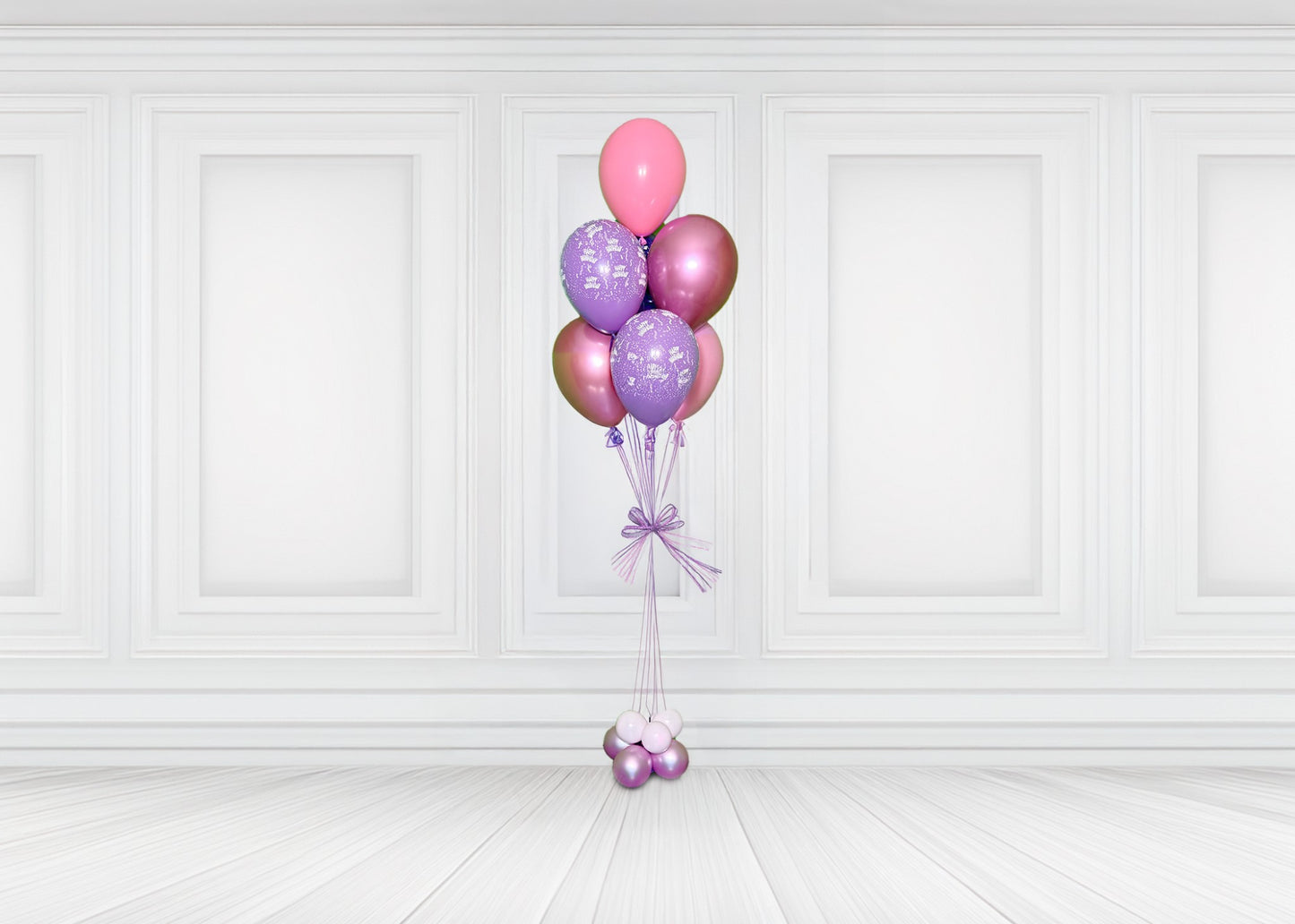 Pink and purple 7-balloon bouquet Toronto – Elegant helium balloon arrangement with metallic finish by Wooow Balloons Toronto.