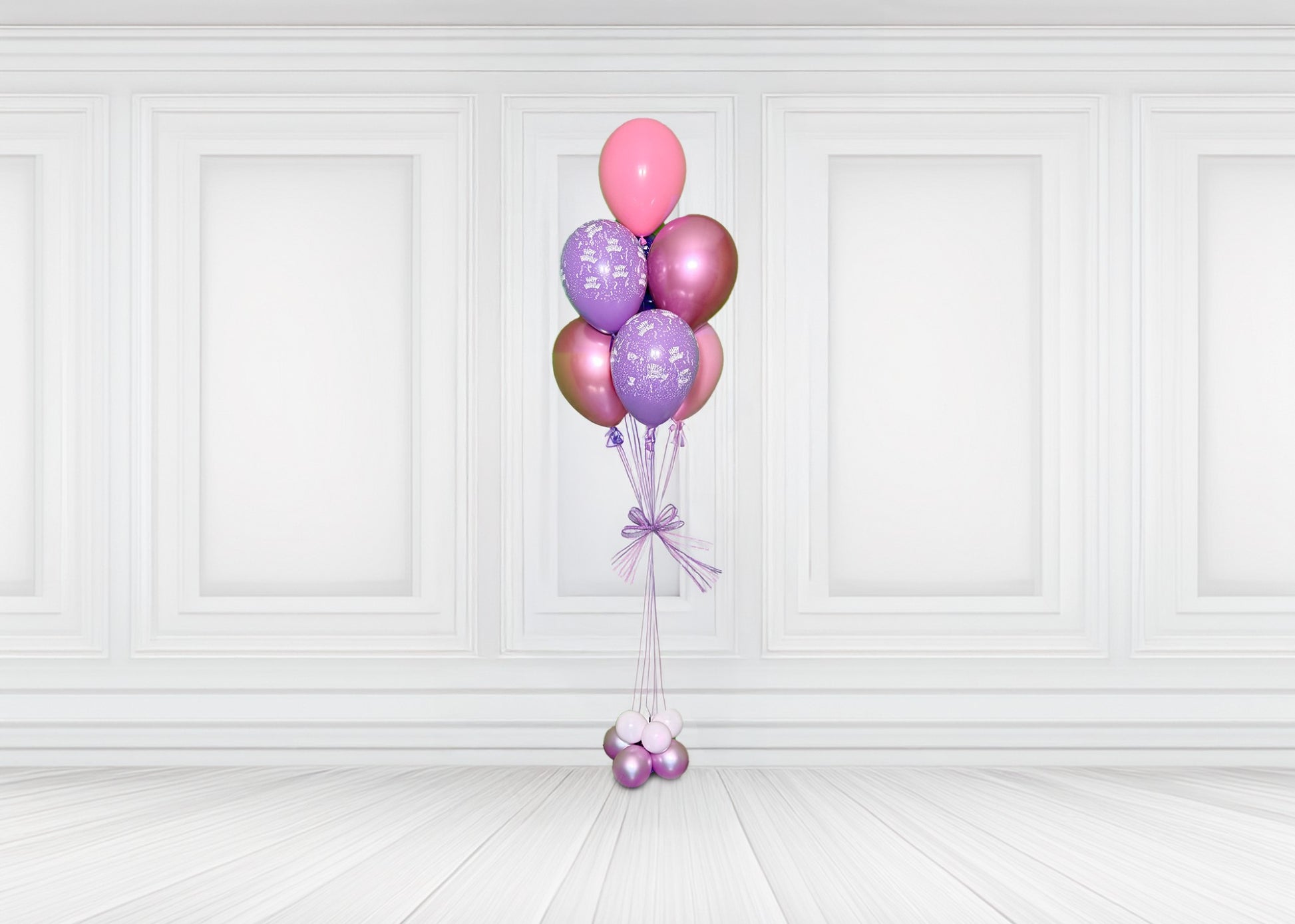Pink and purple 7-balloon bouquet Toronto – Elegant helium balloon arrangement with metallic finish by Wooow Balloons Toronto.