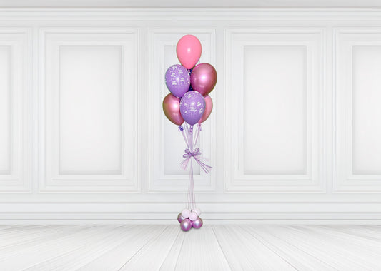 Pink and purple 7-balloon bouquet Toronto – Elegant helium balloon arrangement with metallic finish by Wooow Balloons Toronto.