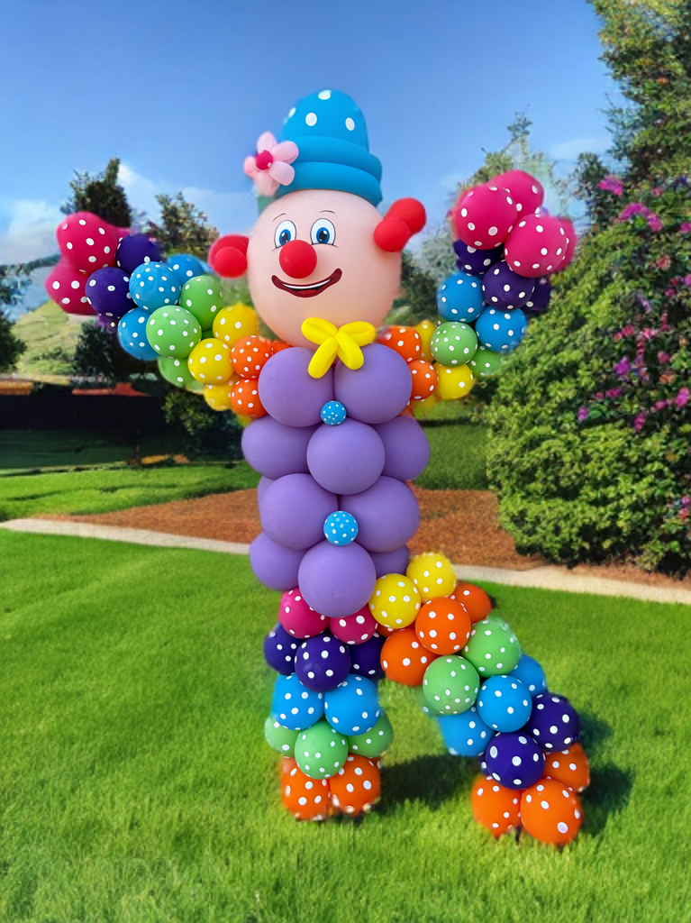 Carnival Balloon Arch with a clown figure and a Bubble House filled with colorful balloons, perfect for events and parties.