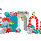 Corporative Christmas decor setup, customized backdrops, balloon garlands, holiday decorations for businesses