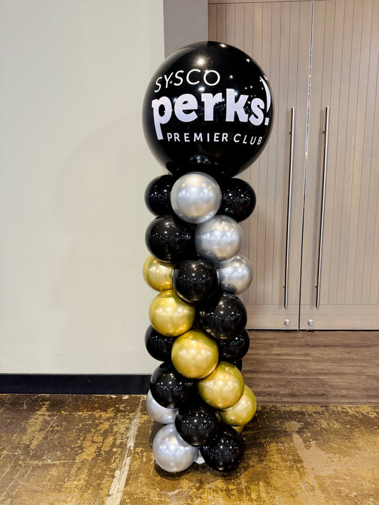Balloon column with 'SYSCO Perks' branding on a wooden floor.