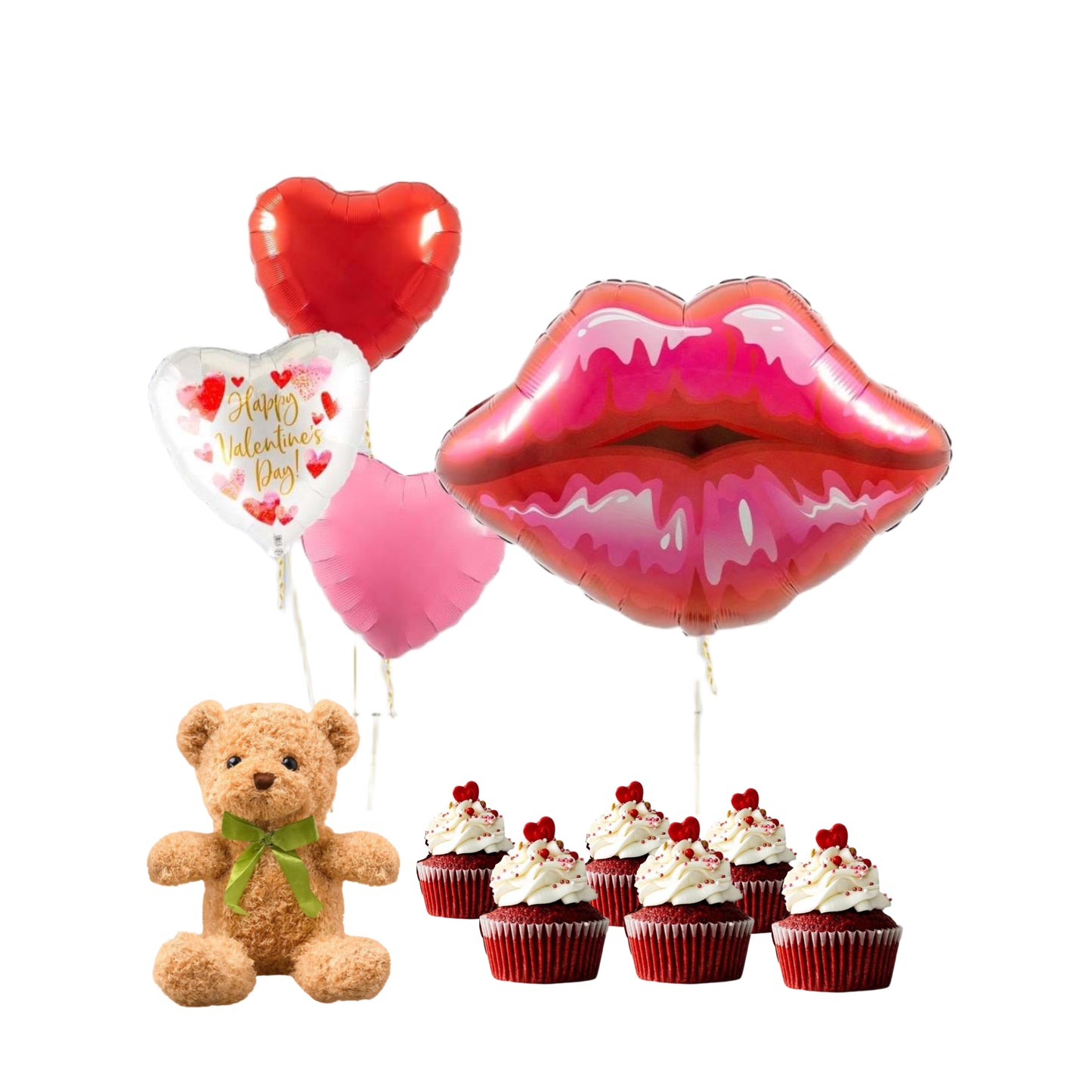 Valentine’s Day Package- 6 Cupcakes with teddy bear and heart bouquet
