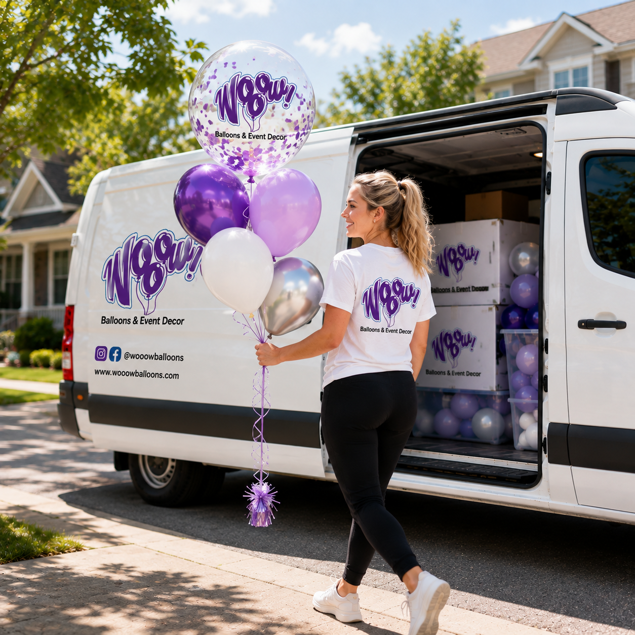 A woman in a white and purple 'Woody Balloons & Event Decor' t-shirt walks with a bunch of purple, white, and silver balloons beside an open white van filled with product boxes on a suburban street.