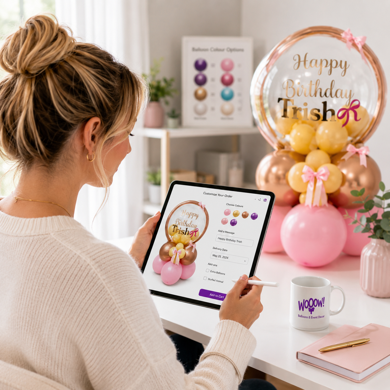 A woman sits at a desk using a tablet to customize a birthday invitation design, with a large 'Happy Birthday Trish' balloon arrangement and pink, gold, and rose gold balloons on the desk beside her.