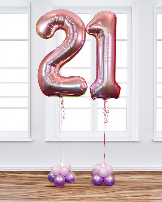 Balloon Numbers Toronto – rose gold number 21 balloons with lilac and pink base arrangement by Wooow Balloons
