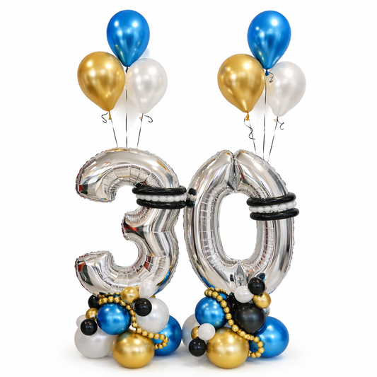 Luxury 30th Birthday Balloons Toronto – Silver 30 number balloons with blue and gold decor, same-day balloon delivery GTA