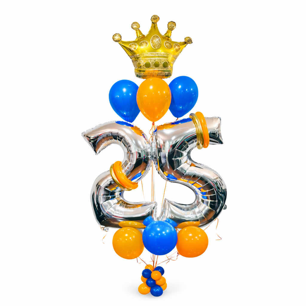 25th Birthday Balloon Bouquet Toronto – Silver number 25 balloons with gold crown and blue & orange latex balloons on white studio background by Wooow Balloons