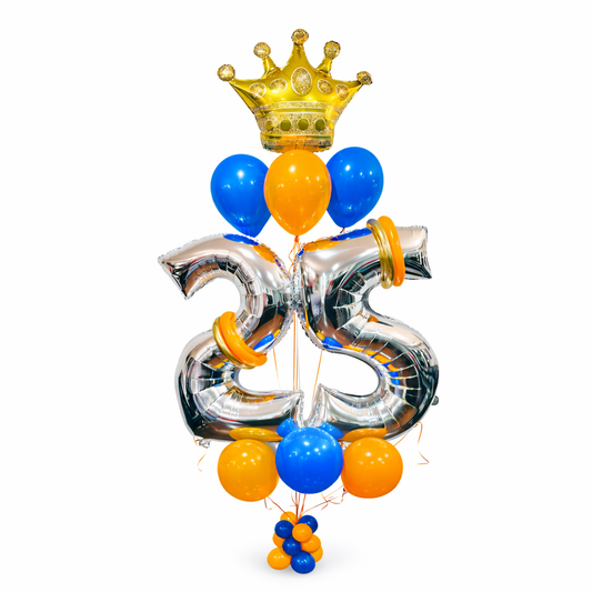 25th Birthday Balloon Bouquet Toronto – Silver number 25 balloons with gold crown and blue & orange latex balloons on white studio background by Wooow Balloons