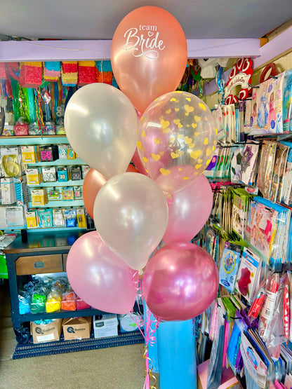 Bride Balloon Bouquet with helium-filled biodegradable balloons in a bunch of 7, including balloon weight and transport bag.