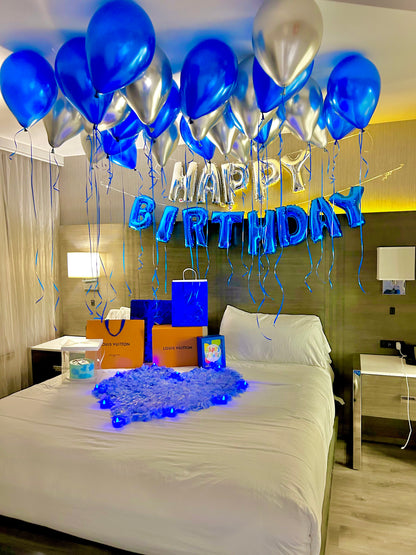 Blue & Silver Happy Birthday Balloon Decor with helium balloons, banner, and number stands.