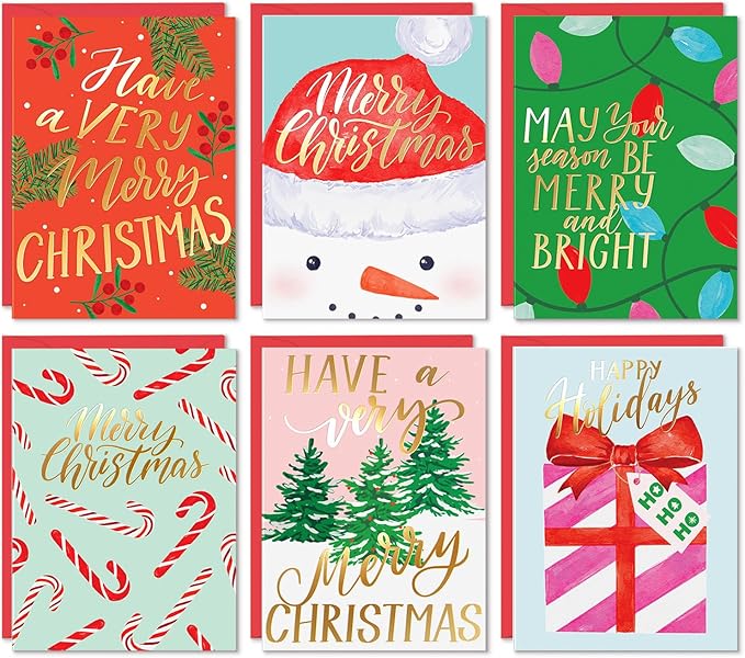 Set of six Christmas-themed greeting cards with different designs.