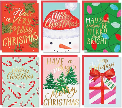 Set of six Christmas-themed greeting cards with different designs.