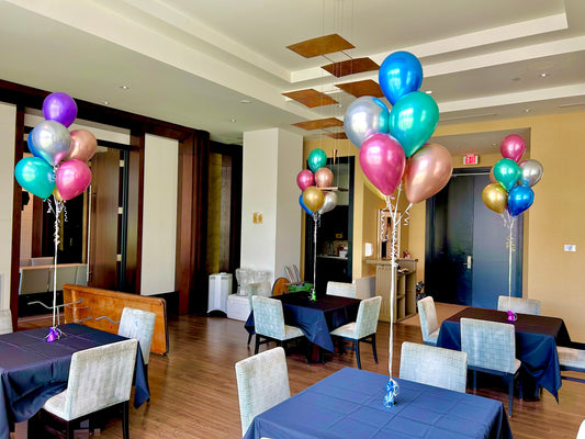 Chrome Balloon Bouquets with helium-filled biodegradable balloons in a bunch of 7, with a balloon weight and bag.