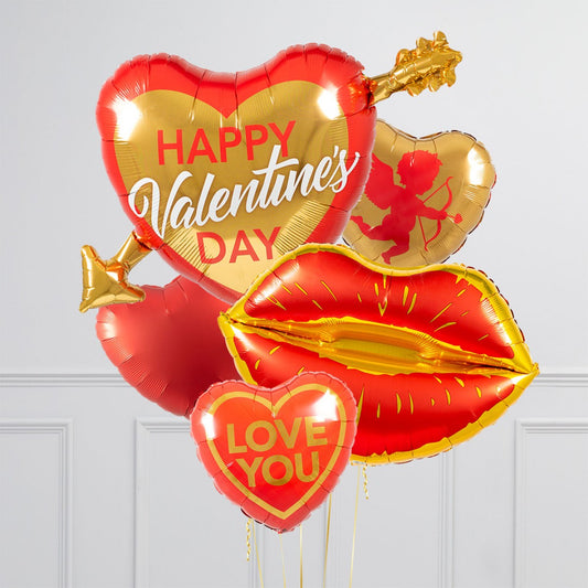 Cupid Balloons package with heart, cupid, kiss, and “Love You” helium-filled balloons.