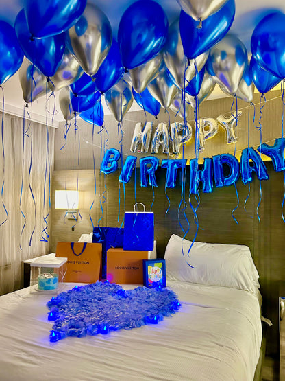 Blue & Silver Happy Birthday Balloon Decor with helium balloons, banner, and number stands.