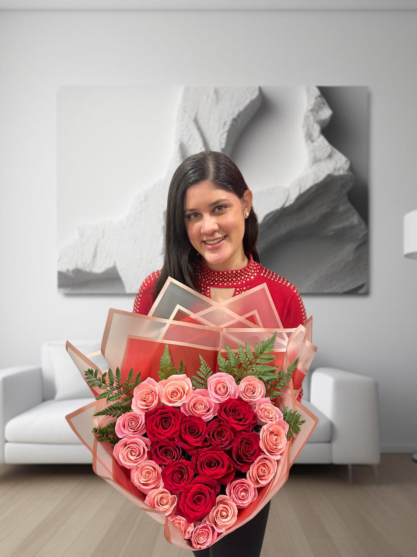 Fresh Roses Heart Bouquet – pink and red roses arranged in a heart shape