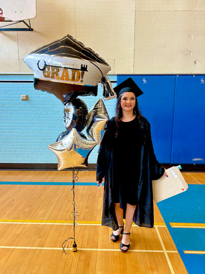 Grad Balloon Bouquet with helium-filled balloons, including a cap balloon, stars, and foil rounds.