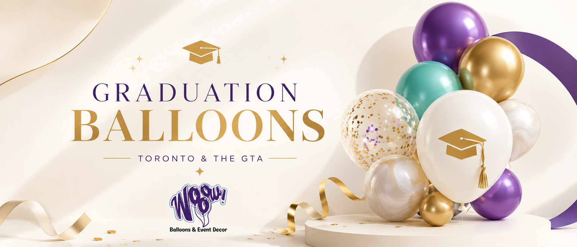 Graduation balloons with gold caps and ribbons on a light background, featuring WBSU Balloons & Event Decor branding.