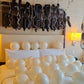 Creamy Blush Birthday Room Decor with helium balloons, banner, and number stands.