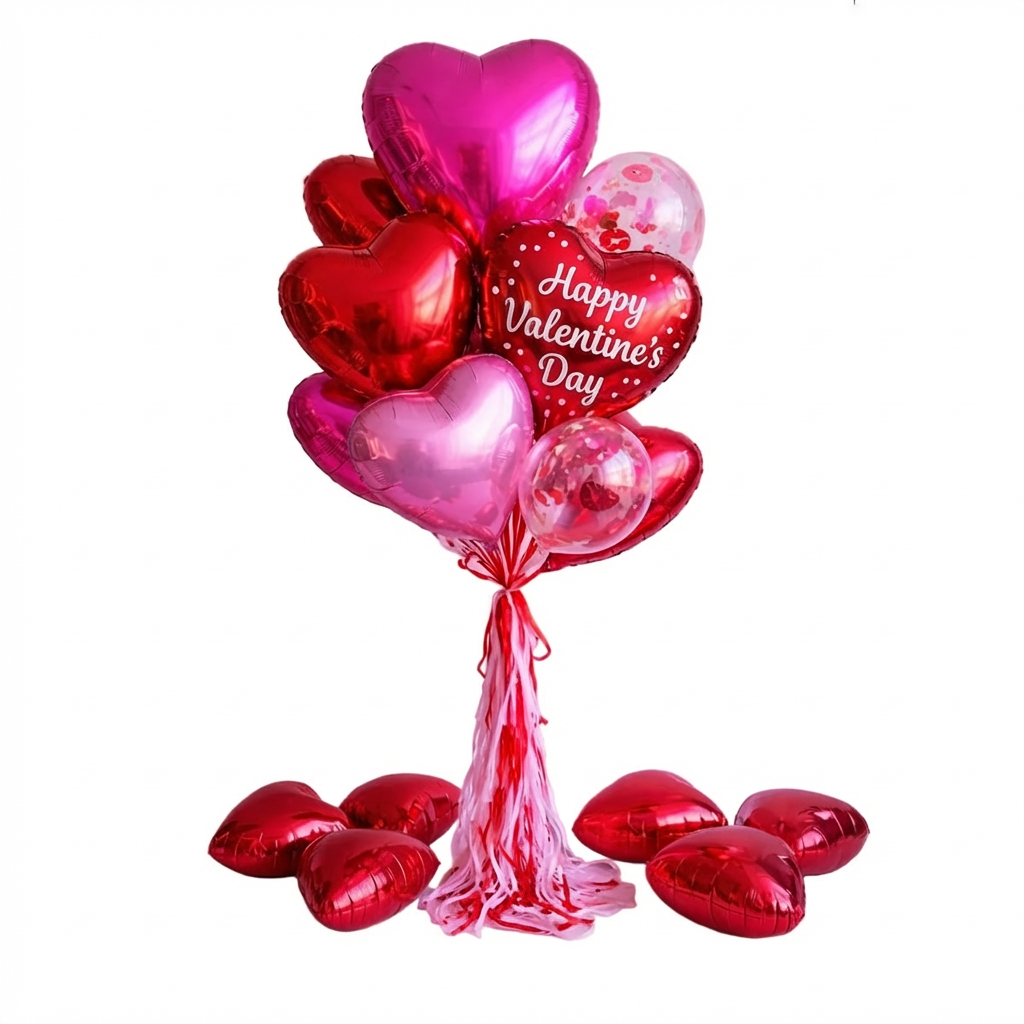 Valentine’s Day balloons Toronto – red and pink heart balloon bouquet with “Happy Valentine’s Day” foil balloon and confetti balloons on white background.
