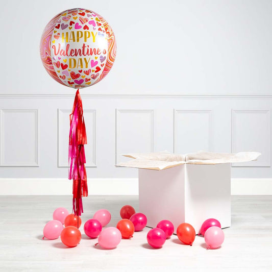 Happy Valentine's Day Hearts Inflated Bubble Balloon with tassels and weight in a surprise box.