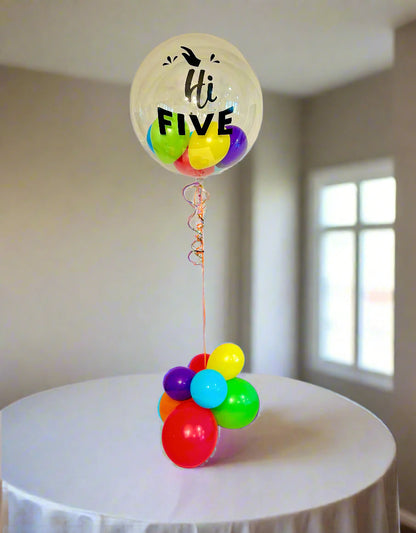 Hi Five Bubble Centrepiece with clear bubble balloon, mini balloons or confetti, and a custom message.