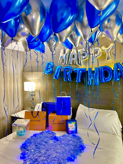 Blue & Silver Happy Birthday Balloon Decor with helium balloons, banner, and number stands.