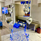 Blue & Silver Happy Birthday Balloon Decor with helium balloons, banner, and number stands.