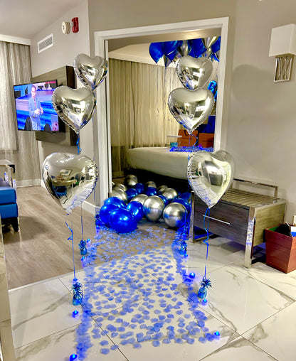 Blue & Silver Happy Birthday Balloon Decor with helium balloons, banner, and number stands.