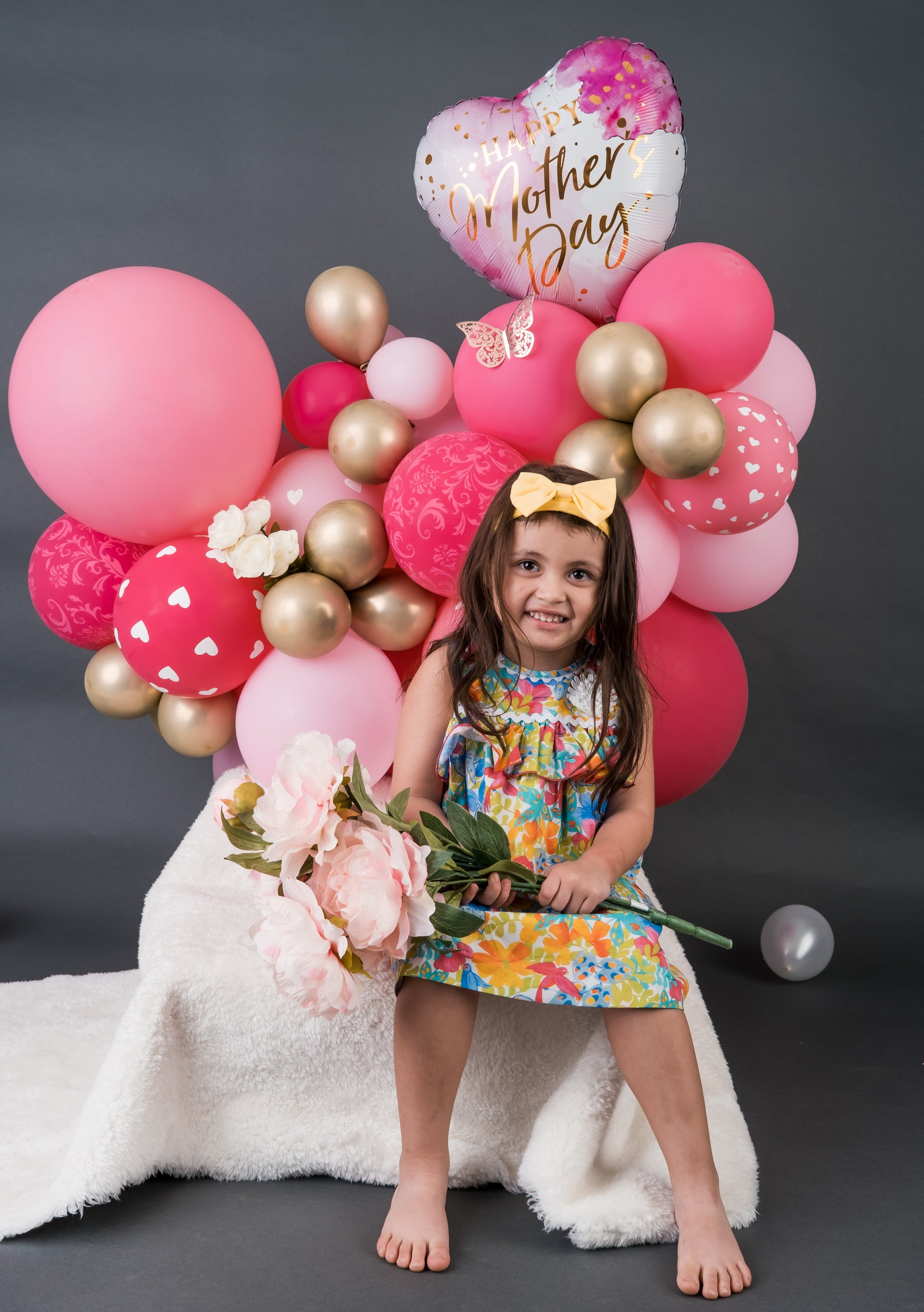 Mother’s Day Balloon Cluster featuring pink, gold, and white balloons with a special "Happy Mother’s Day" balloon, perfect for celebrations.