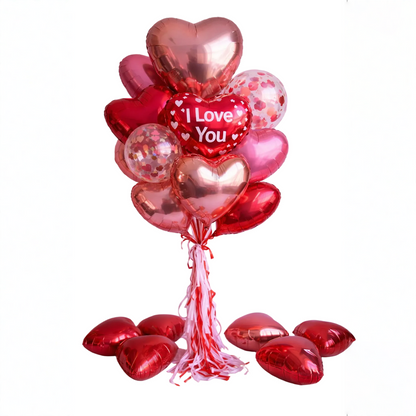 Valentine’s Day balloons Toronto – red heart balloon bouquet with “I Love You” foil balloon and clear confetti balloon on white background.
