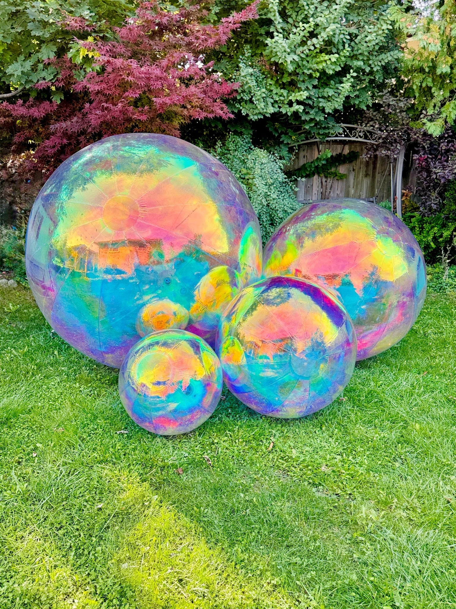 Iridescent bubble balloons rental in Toronto – perfect for outdoor events, parties, and photo backdrops by Wooow Balloons.