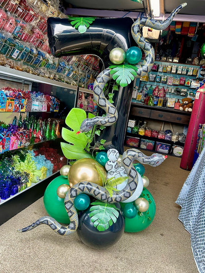 Jungle Snake Balloon Number with realistic snake foil balloon and jungle-themed decor in Toronto