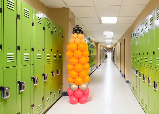 Colorful balloon sculpture in a hallway with green lockers