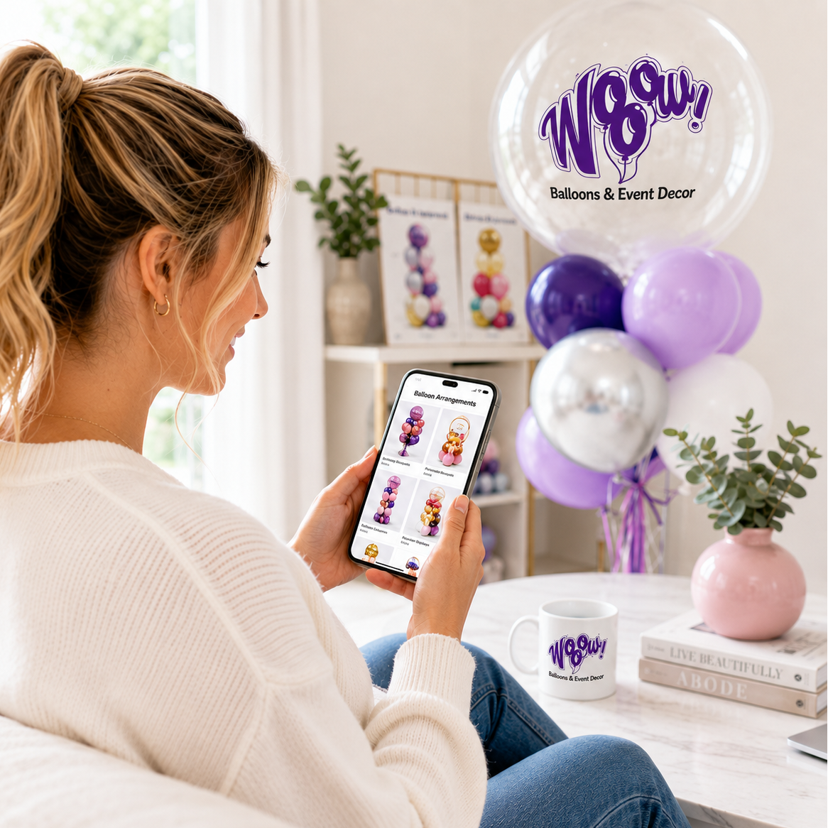 A woman sits on a couch in a bright living room, holding a phone that displays a custom 'Wooow!' balloon design. In the foreground, a white 'Wooow! Balloons & Event Decor' branded mug sits on a marble coffee table next to a pink ceramic vase with green leaves.