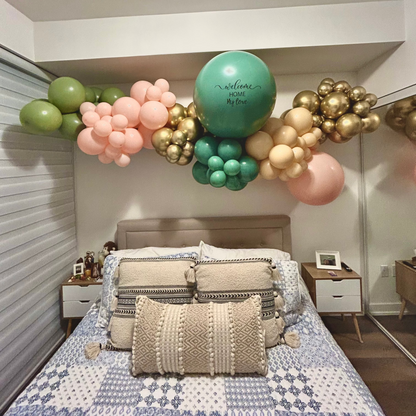 Elegant balloon room decor with a mix of latex balloons and a personalized message balloon, perfect for home celebrations, birthdays, and romantic surprises.