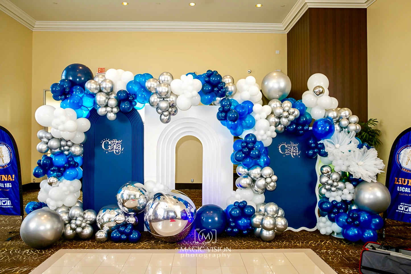 Luxury Gala Balloon Set Up with custom balloon garlands and backdrops in Toronto
